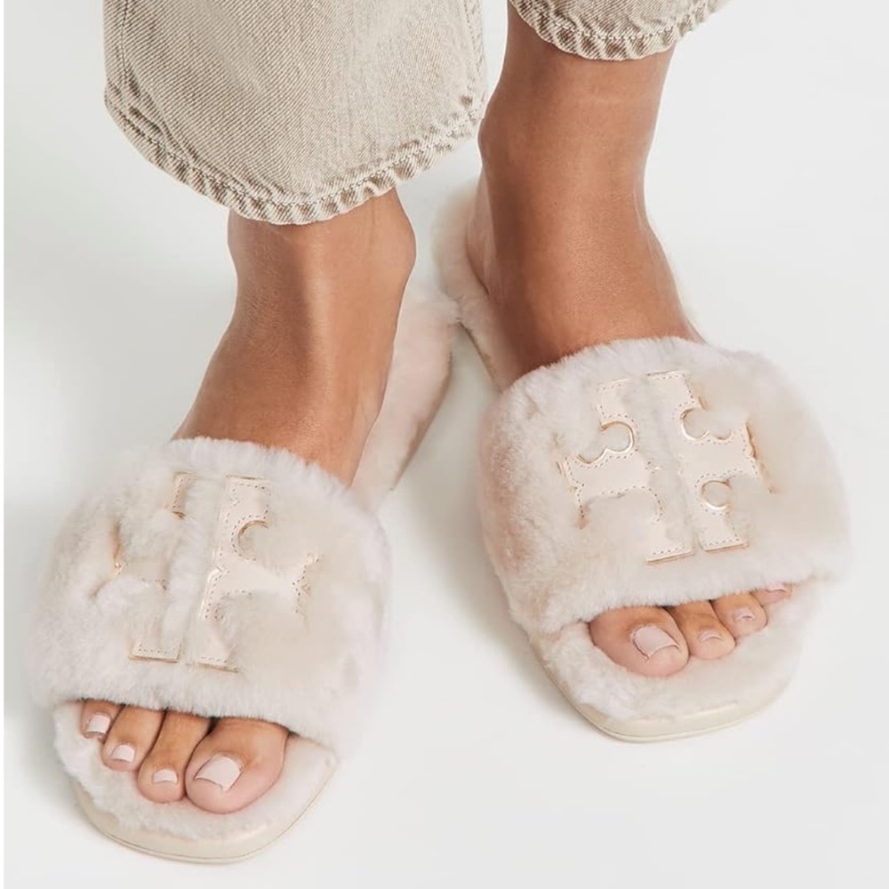 Tory Burch Double T Shearling Slides